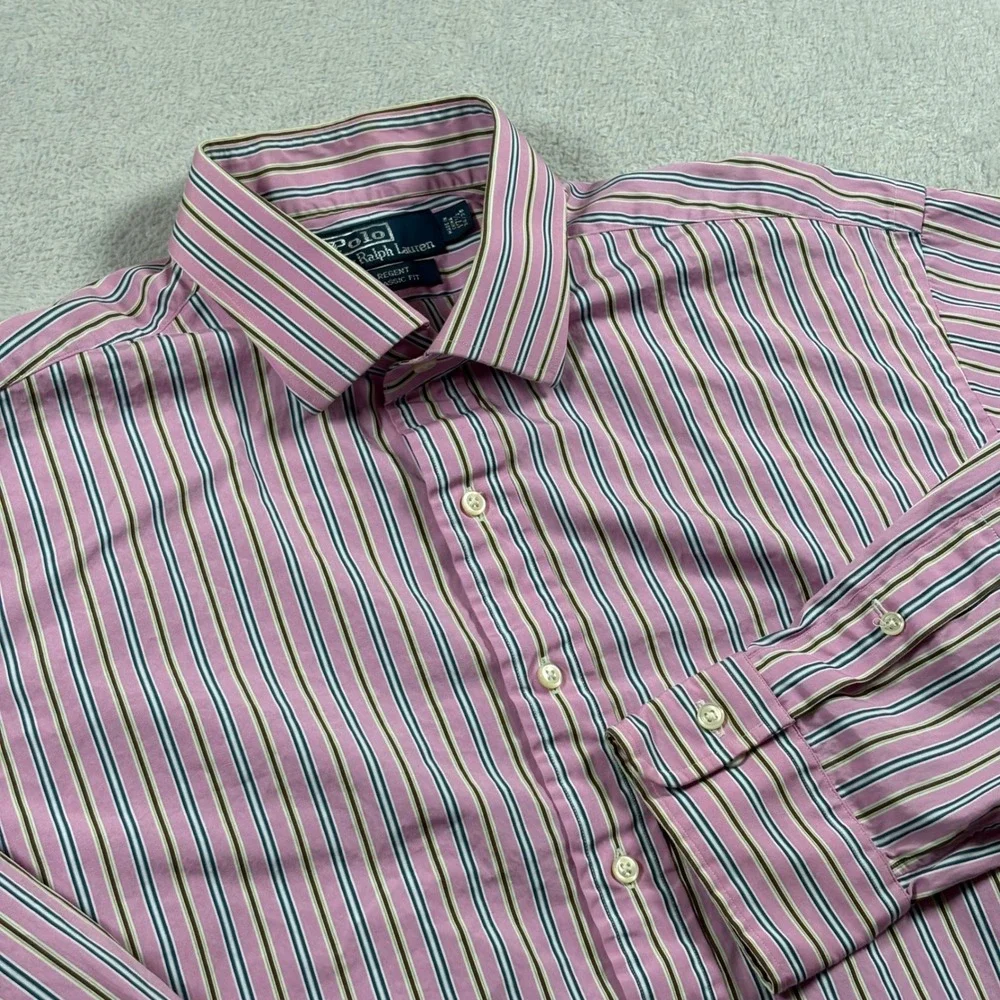 Polo Ralph Lauren Regent Classic Fit Men Pink Striped Cotton Dress Shirt 17.5 34